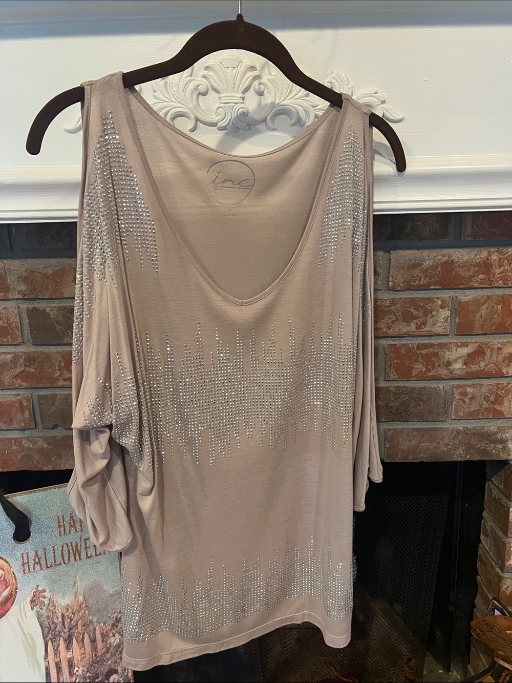 INC International Concepts Beige Cold-Shoulder Rhinestone Tunic